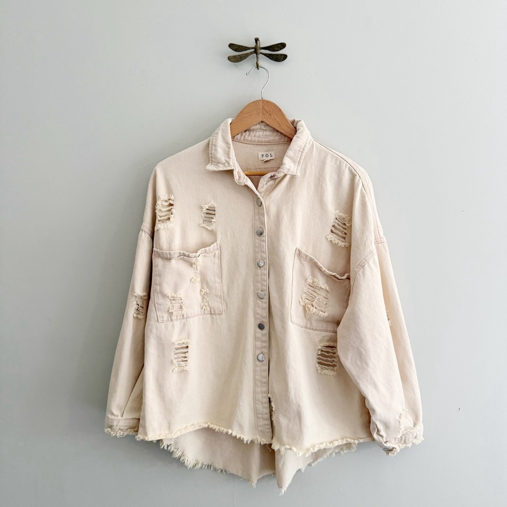 POL Oversized Distressed Cream Denim Jacket